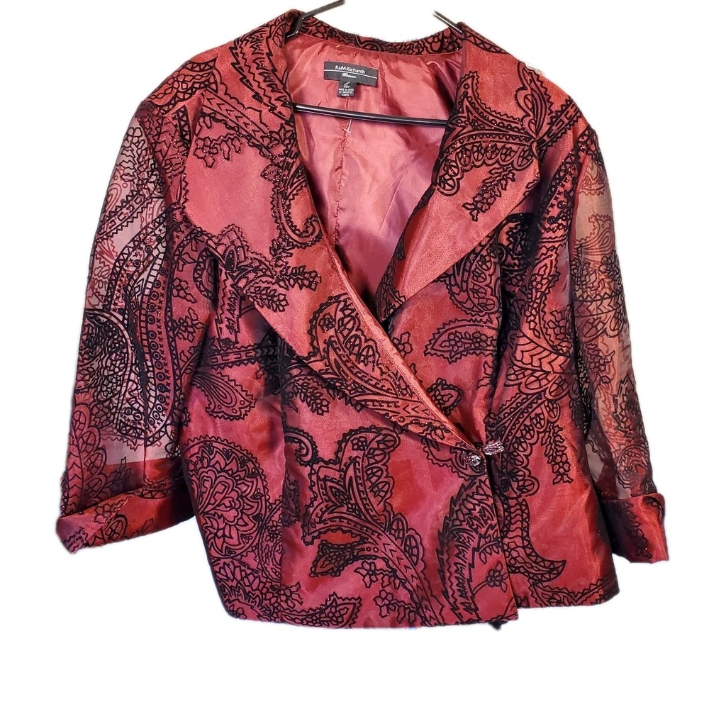 R&M Richards‎ Luxurious Sparkle Flocked Blk Burgundy Jacket 3/4 Sleeves Sz 20W